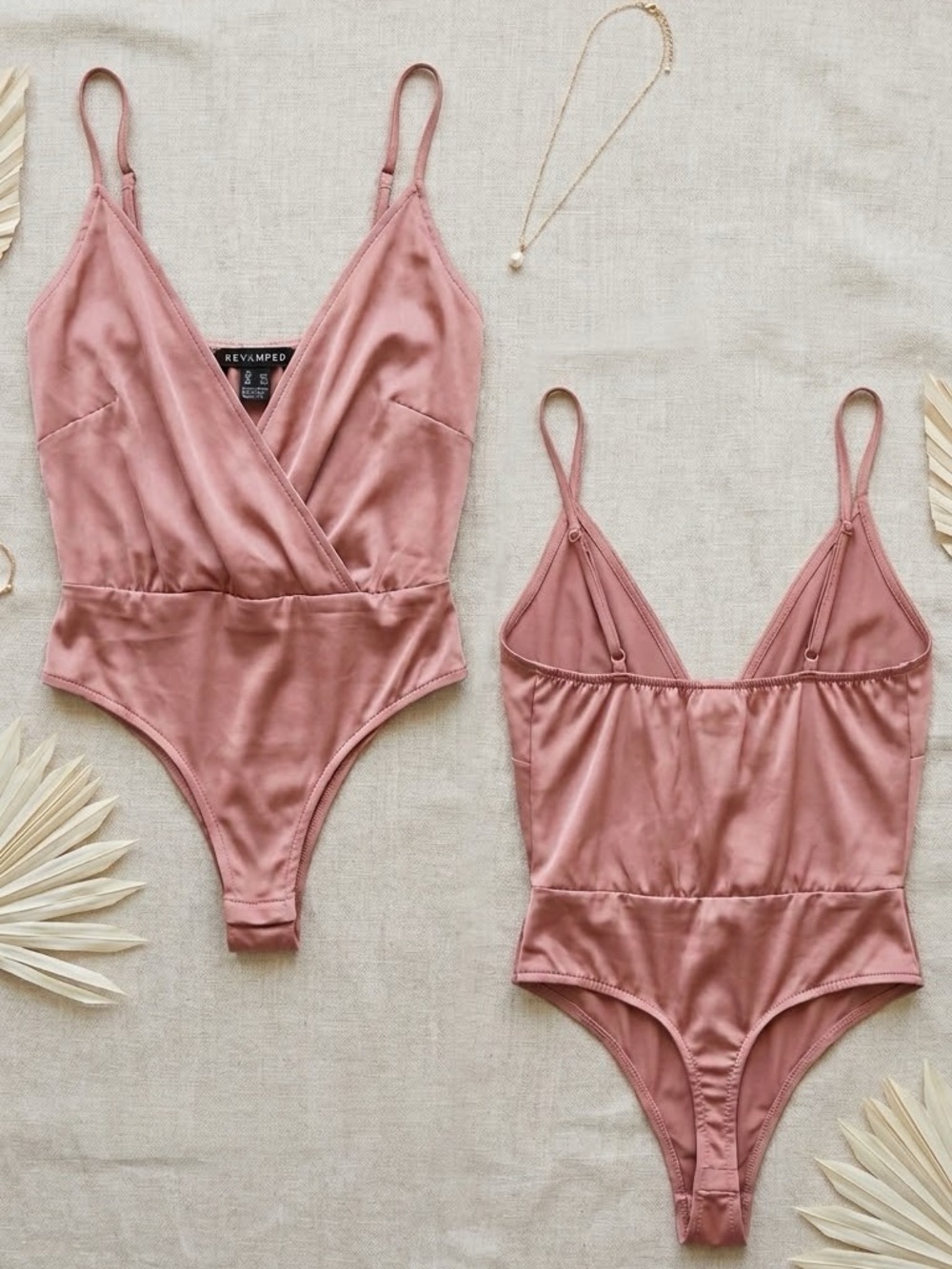Revamped Dusty Rose Satin Surplice Bodysuit Thong Snap Bottom Women’s XS